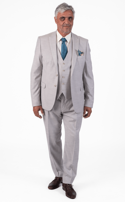Béžový pánský oblek Slim Fit s vestou, model Denis (větší velikosti)