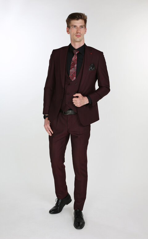 Bordó pánský oblek Slim Fit s vestou, model Charles