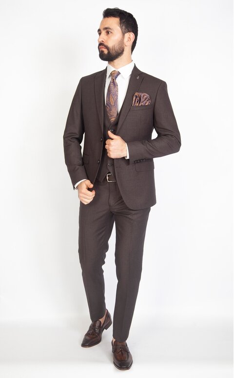 Hnědý pánský oblek Slim Fit s vestou, model Carter