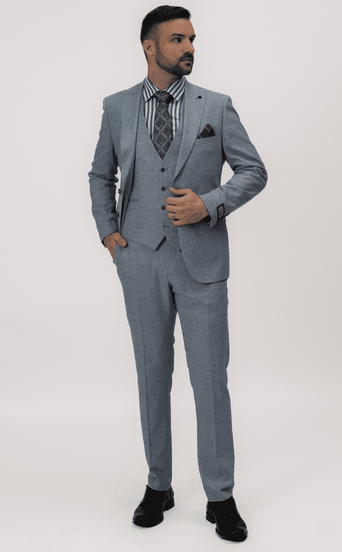 Lněný světle modrý pánský oblek Slim Fit s vestou, model Magnus