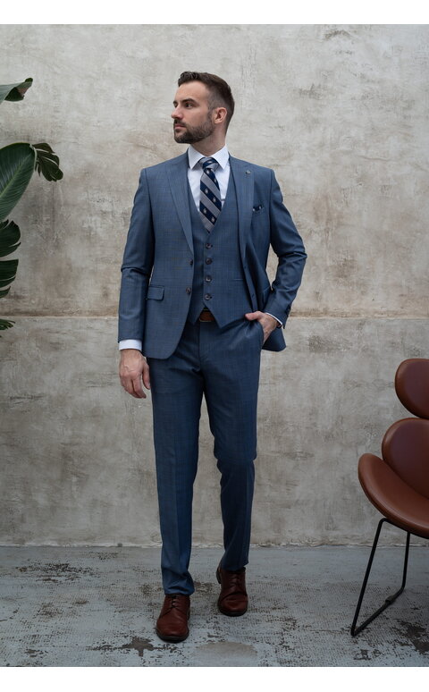 Šedo-modrý kostkovaný pánský oblek s vestou, model Raul