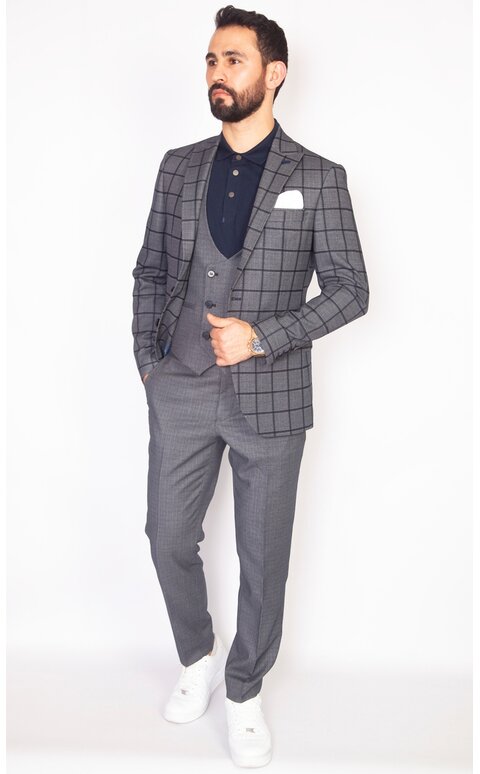 Šedý pánský oblek s vestou Slim Fit, model Richard