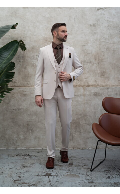 Světle béžový pánský oblek bez vzoru s vestou, model Vito