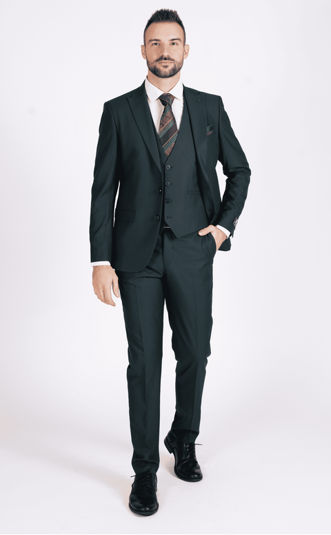 Zelený pánský oblek bez vzoru Slim Fit s vestou, model Patrick