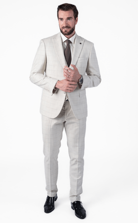 Béžový duhově kostkovaný pánský oblek Slim Fit s vestou, model Simon