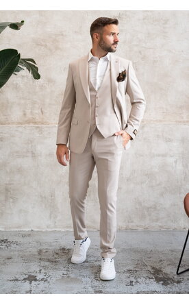 Béžový hladký pánský oblek s vestou, model Romeo
