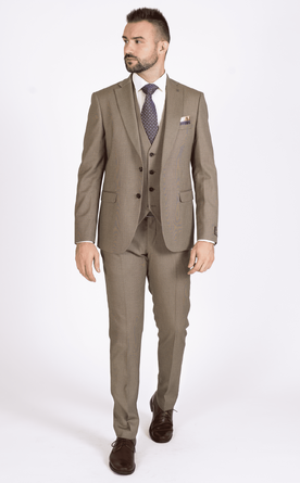 Béžový vzorovaný pánský oblek Slim Fit s vestou, model Damian