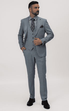 Lněný světle modrý pánský oblek Slim Fit s vestou, model Magnus