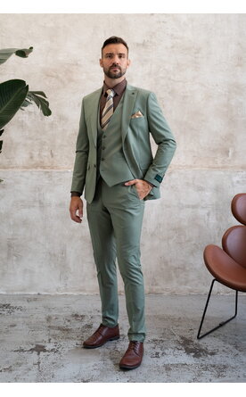 Olivový hladký pánský oblek s vestou, model Florian