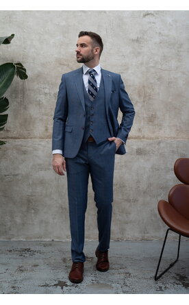 Šedo-modrý kostkovaný pánský oblek s vestou, model Raul