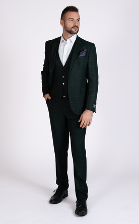 Tmavě zelený kostkovaný pánský oblek Slim Fit s vestou, model Julian