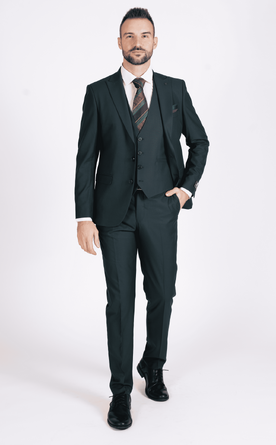 Zelený pánský oblek bez vzoru Slim Fit s vestou, model Patrick